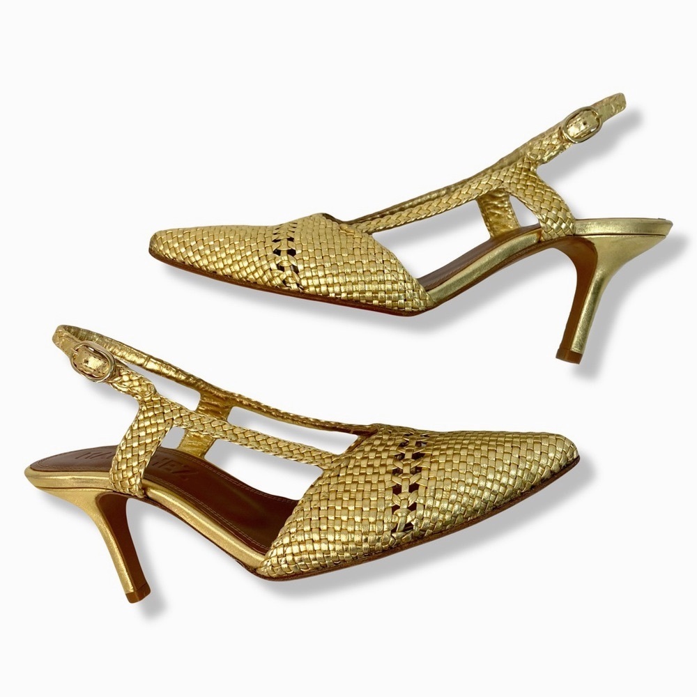 SOULIERS MARTINEZ- Ebro Woven Slingback Metallic Gold Pumps - Picture 6 of 9